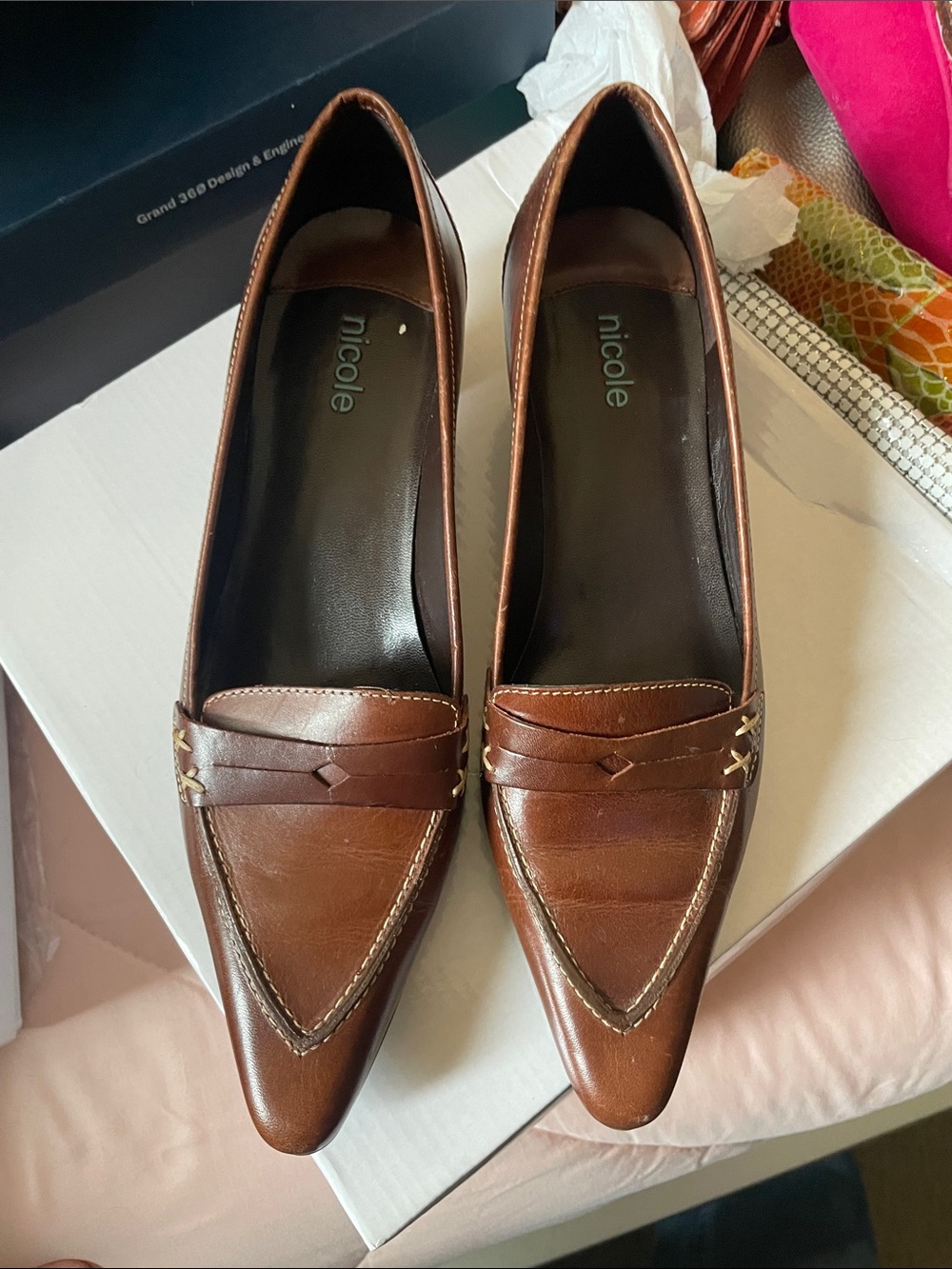 Nicole Brown Pointed-Toe Leather Loafers with Strap and Metal Accent